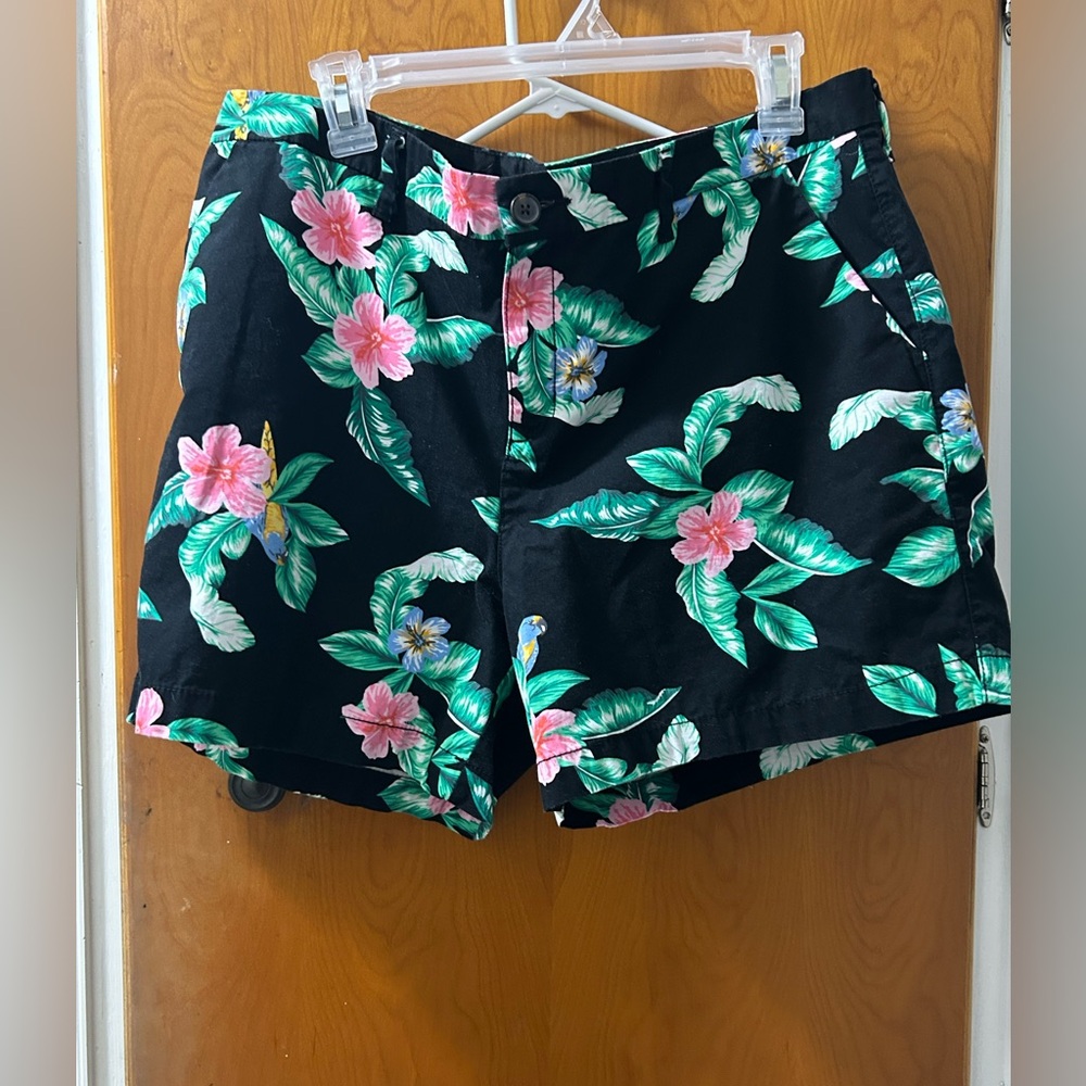 Old Navy Black Floral Bermuda Shorts with Green Leaves & Pink Flowers